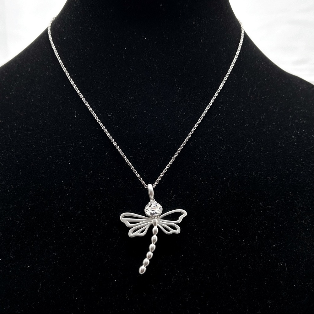 Brushed Silver And Crystal Dragonfly Necklace, Unknown Hallmark